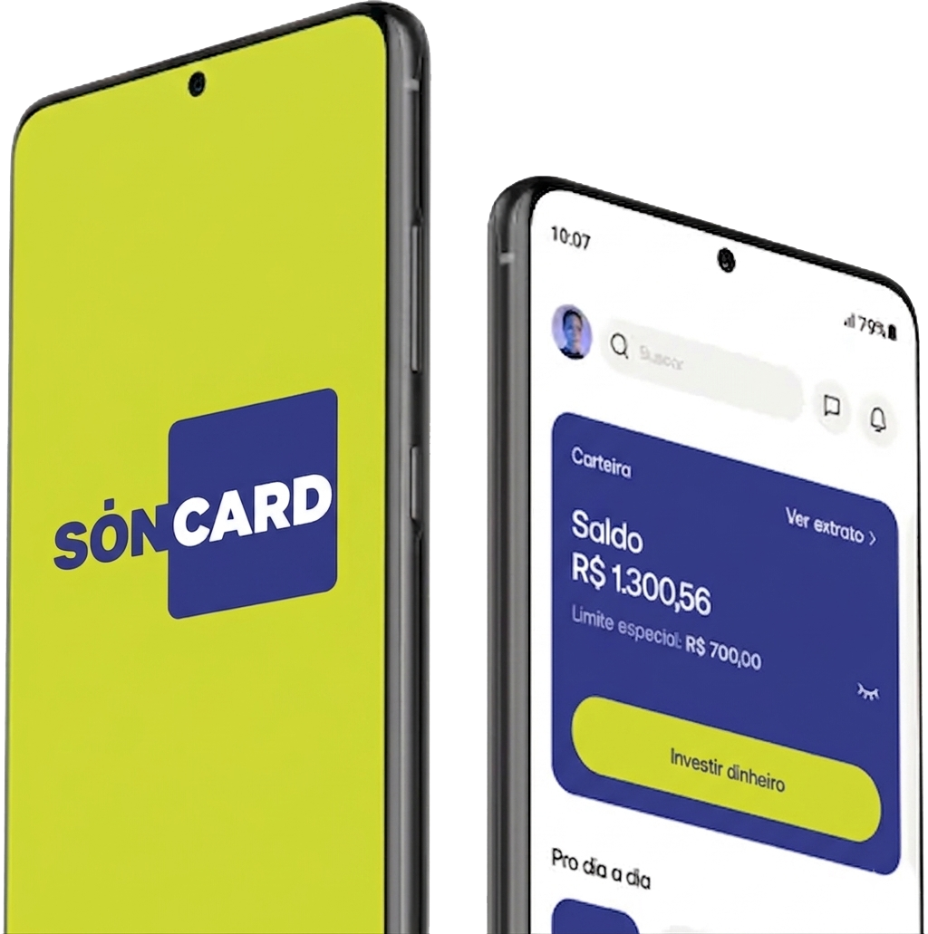 Aplicativo SonCard mostrando o saldo e o cartão virtual